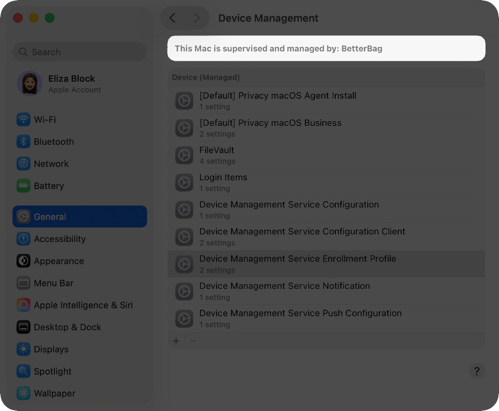 A Mac showing that it’s supervised by an organization.