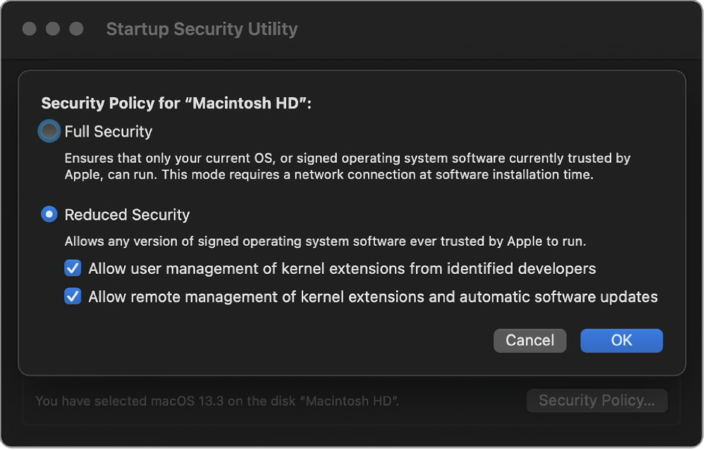 The Startup Security Utility showing Reduced Security selected.