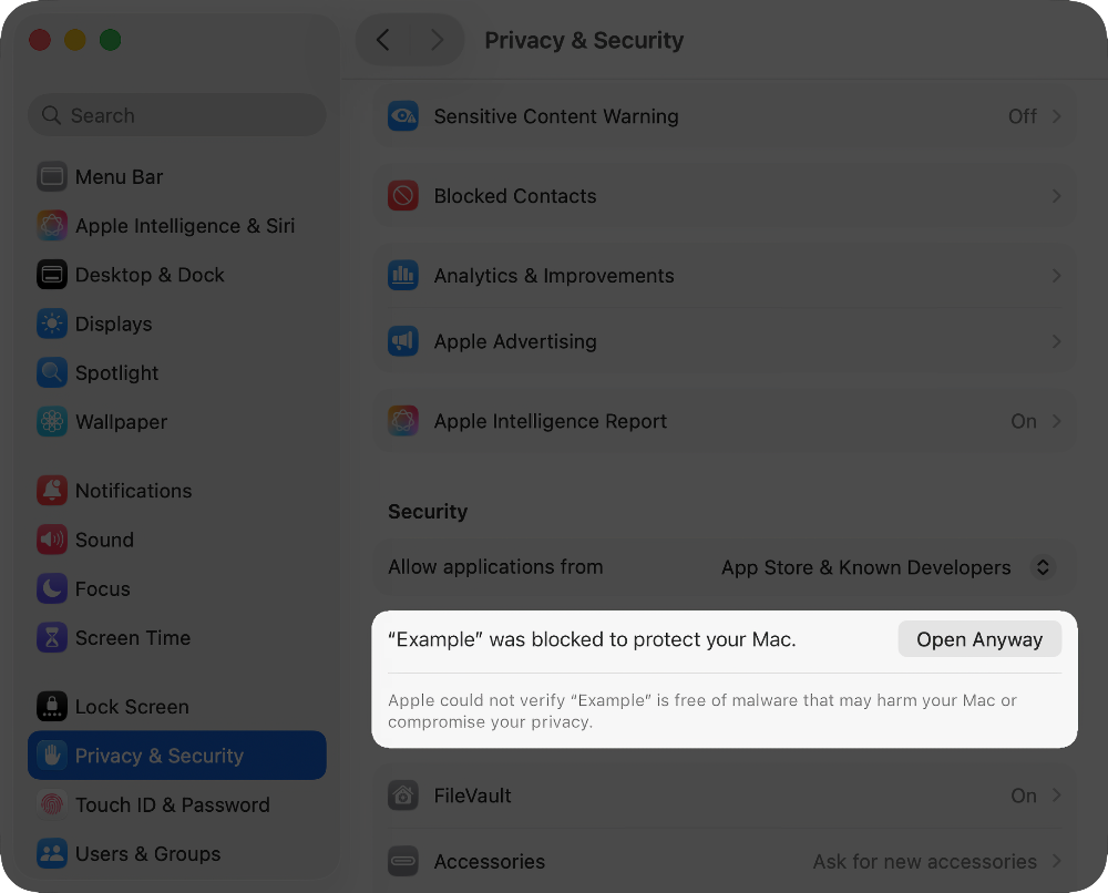 In System Settings, choose to open an app despite the security warning if you’re certain the app is from a trustworthy source.