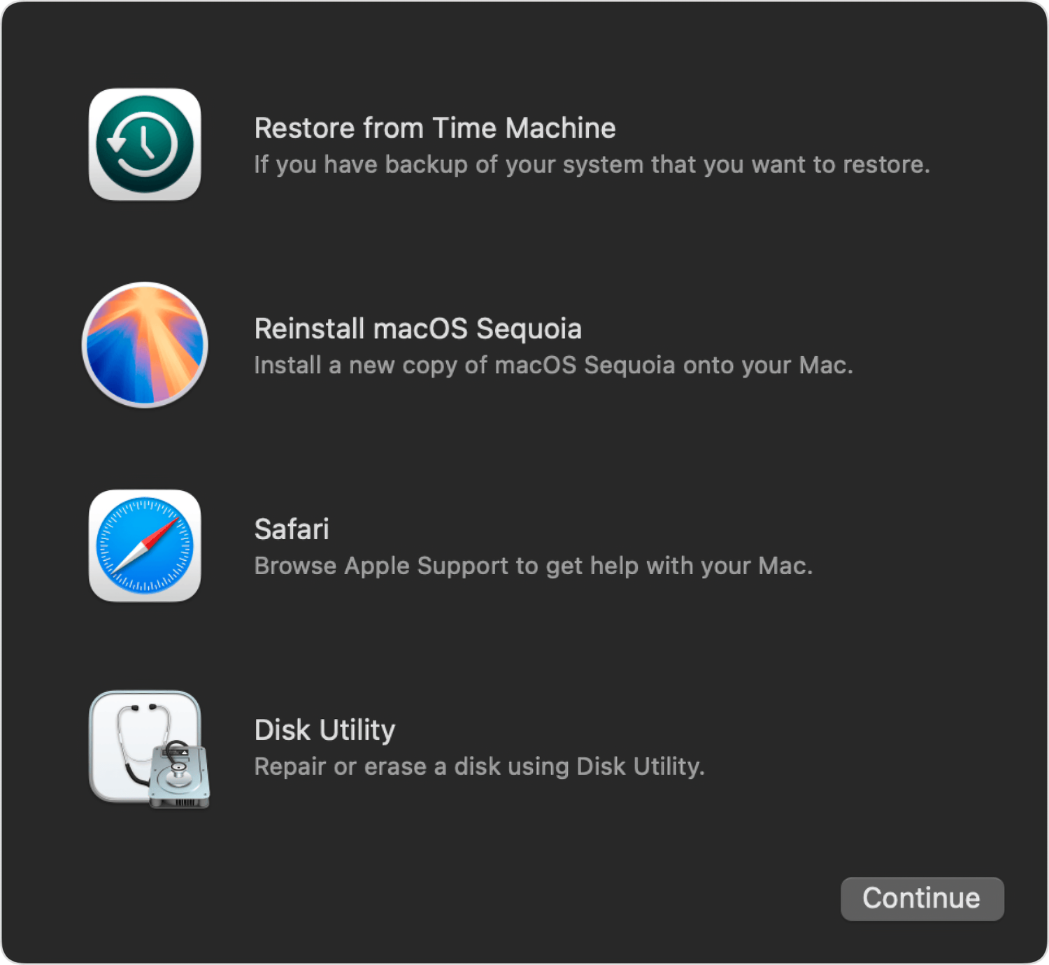 Utilities window in macOS Recovery.