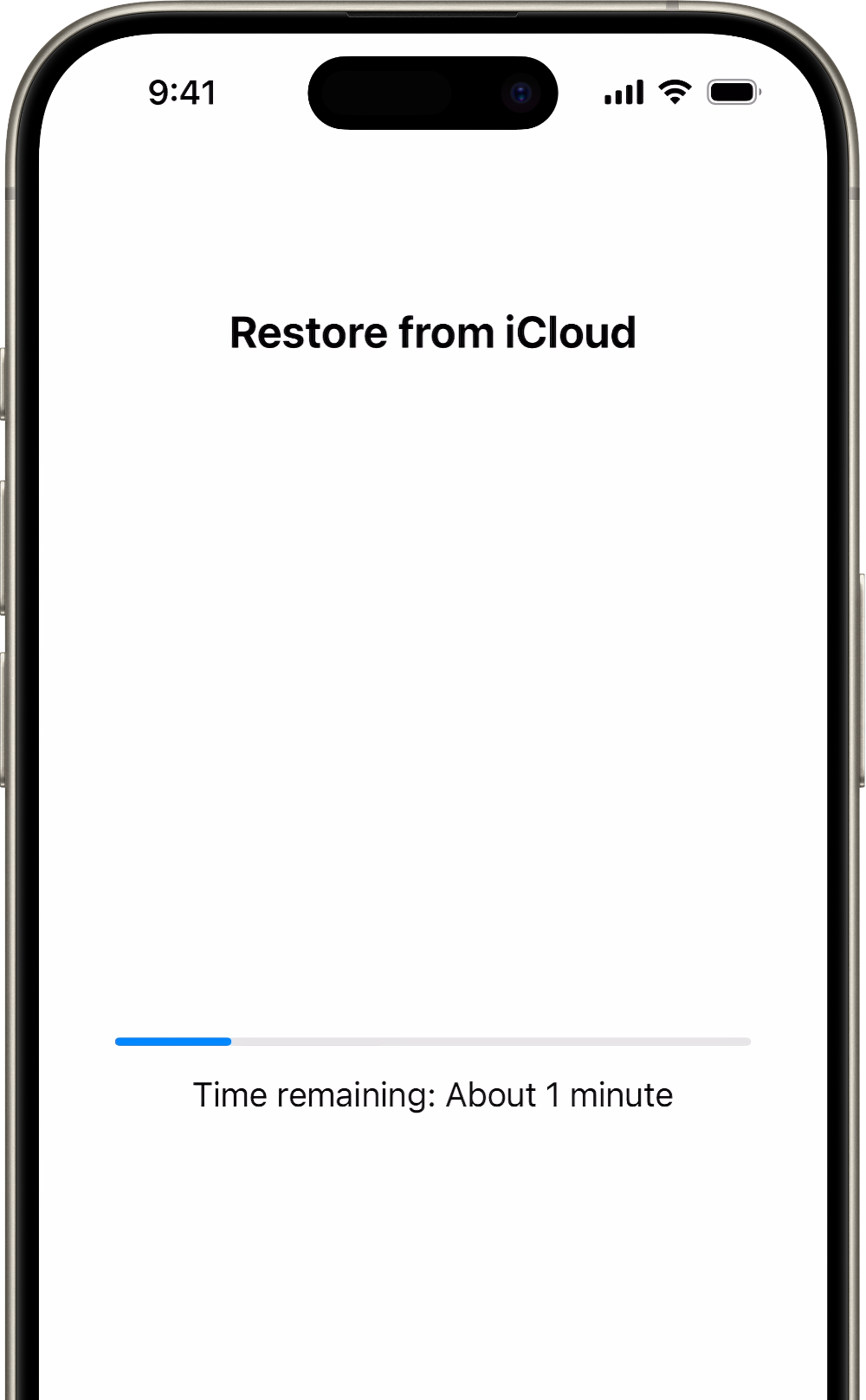 An iPhone showing the status of restoring a device from an iCloud backup.