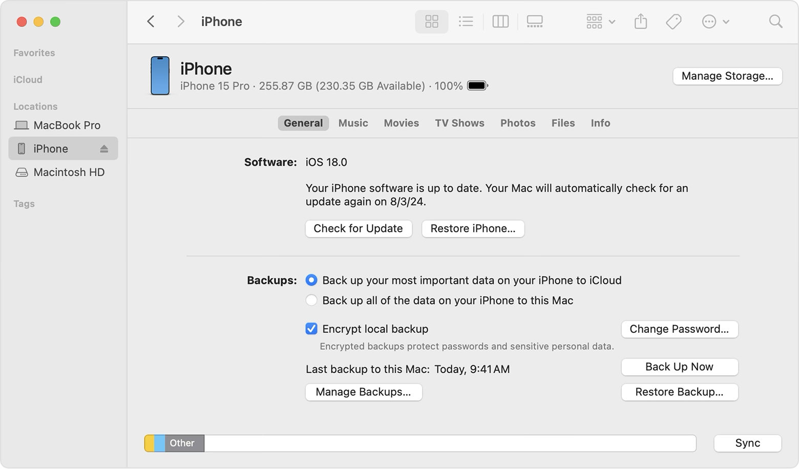 A Finder window showing iPhone selected in the sidebar.