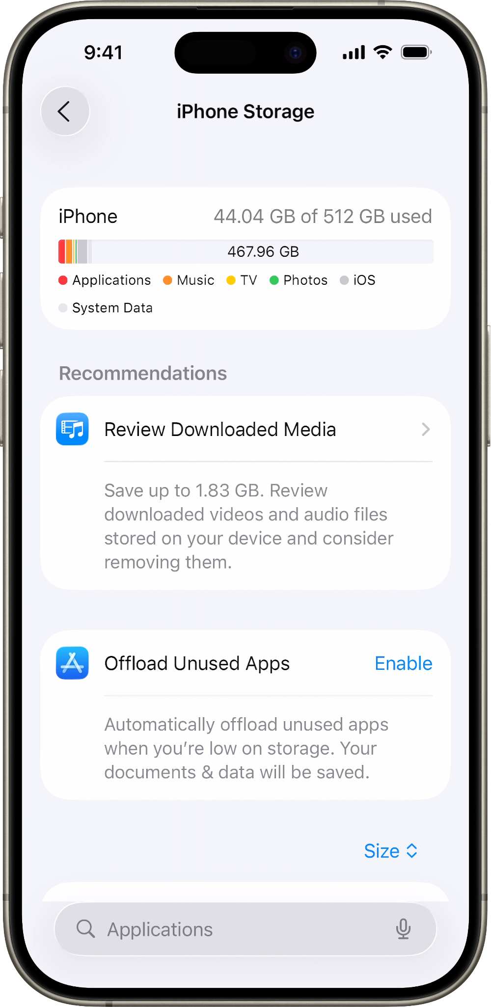 An iPhone screen showing recommendations to make space on the device.