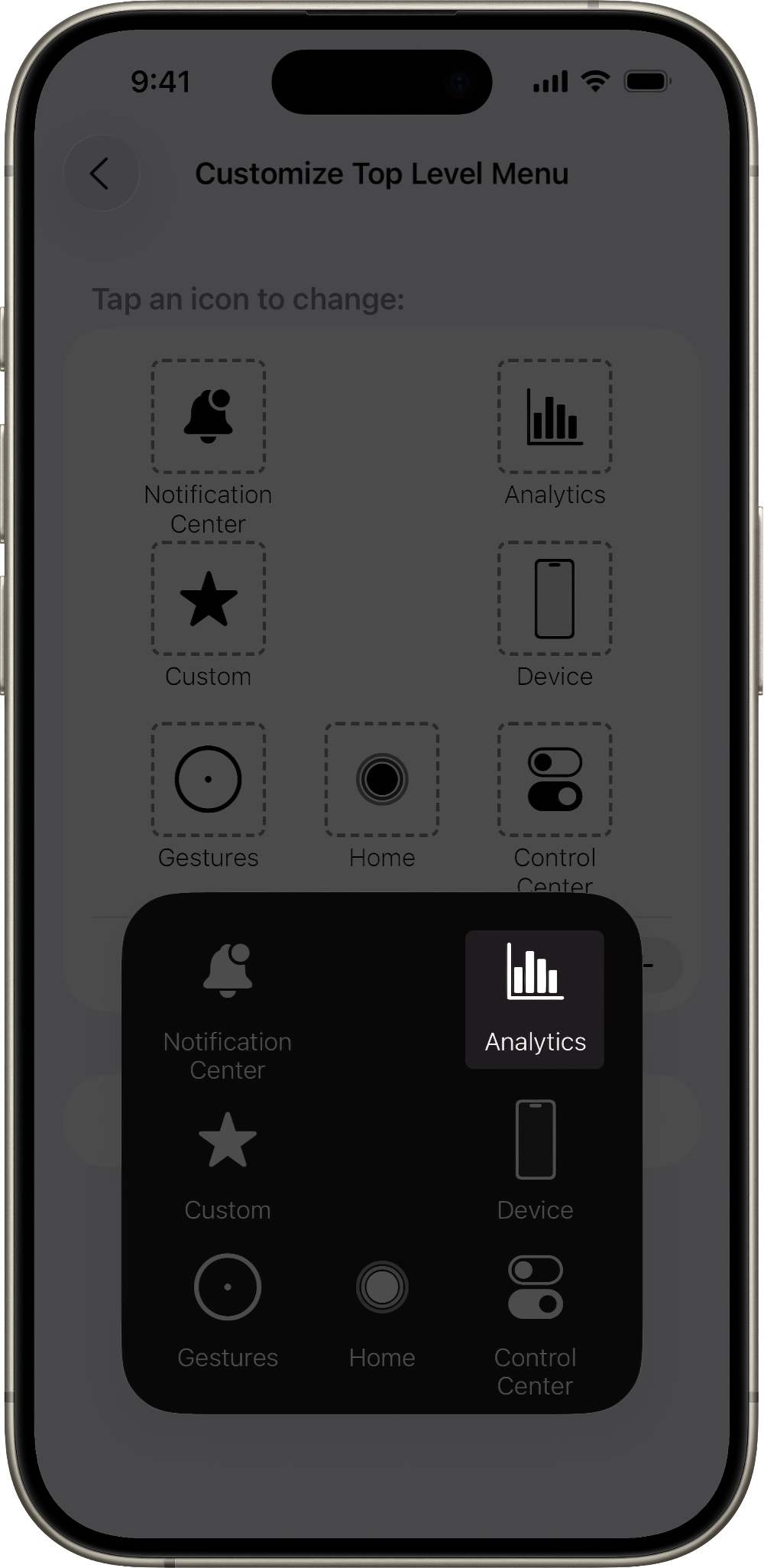 An iPhone screen that shows Analytics being selected for the new option.