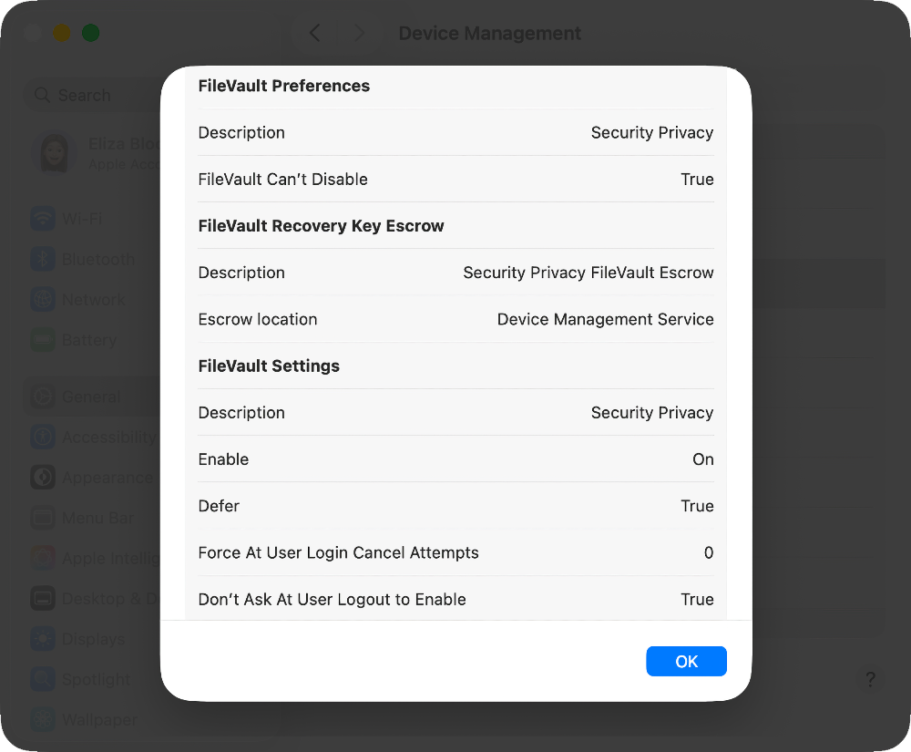 FileVault preferences and settings.
