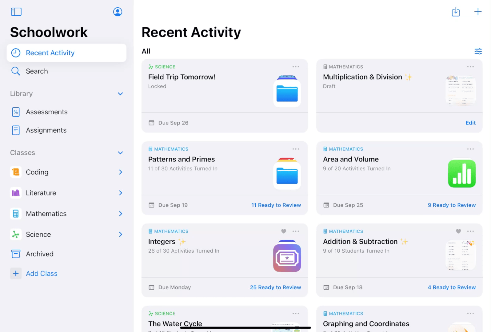 A sample GIF file showing how to create and publish an assignment with one activity in Schoolwork.