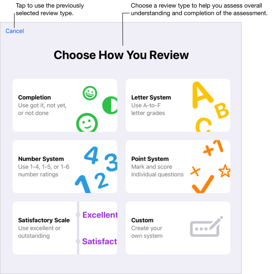 Panel emergente para elegir cómo hacer la revisión donde se muestran los tipos de revisión que incluye Tareas Escolares, como Custom (Personalizado), el cual puedes usar para crear tu propio tipo de revisión con emojis, números, letras y mucho más. Elige un tipo de revisión que te permita evaluar la comprensión general y el cumplimiento de las evaluaciones. Toca Cancelar para usar el tipo de revisión seleccionado anteriormente.