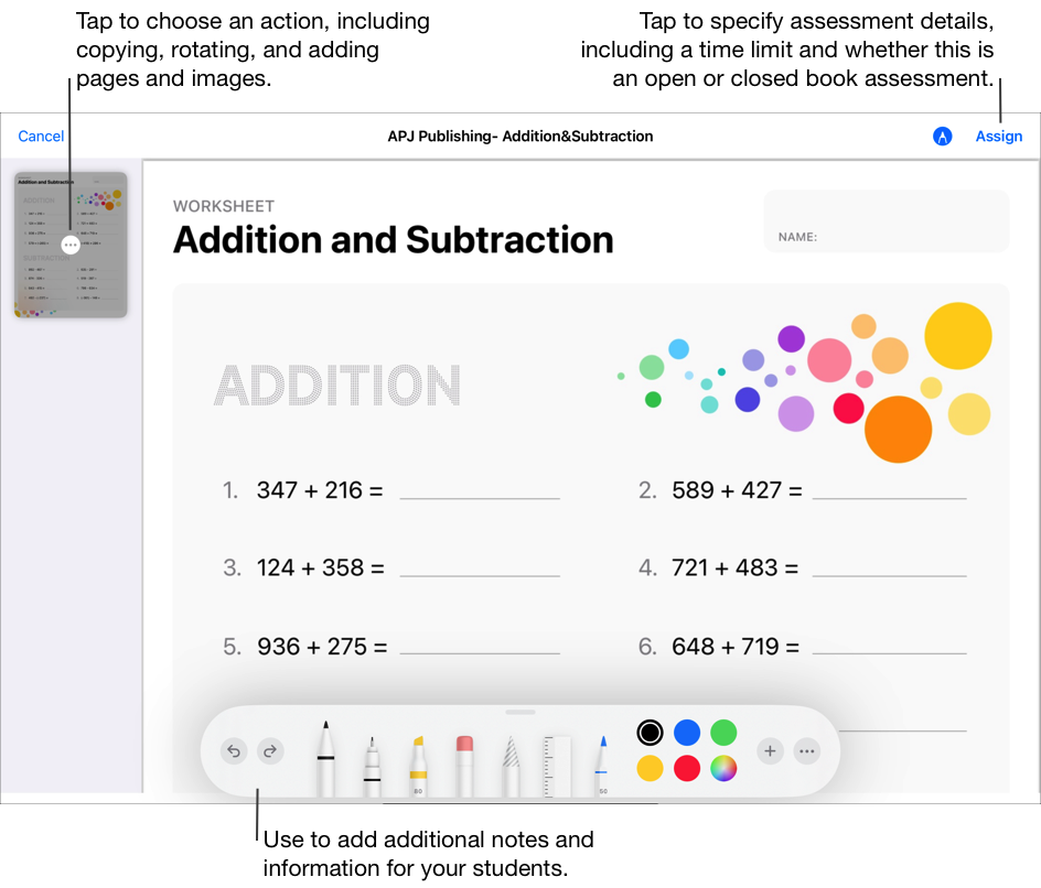 Un exemple d’évaluation prête à être assignée à vos élèves. Utilisez les outils d’annotation pour ajouter des notes et des informations complémentaires pour vos élèves. Touchez le bouton Plus d’options pour modifier l’évaluation, notamment pour la faire pivoter vers la gauche ou vers la droite, ou pour insérer une page vierge. Touchez Assigner pour préciser l’information sur l’évaluation, dont une limite de temps et s’il s’agit d’une évaluation en livre ouvert ou fermé.