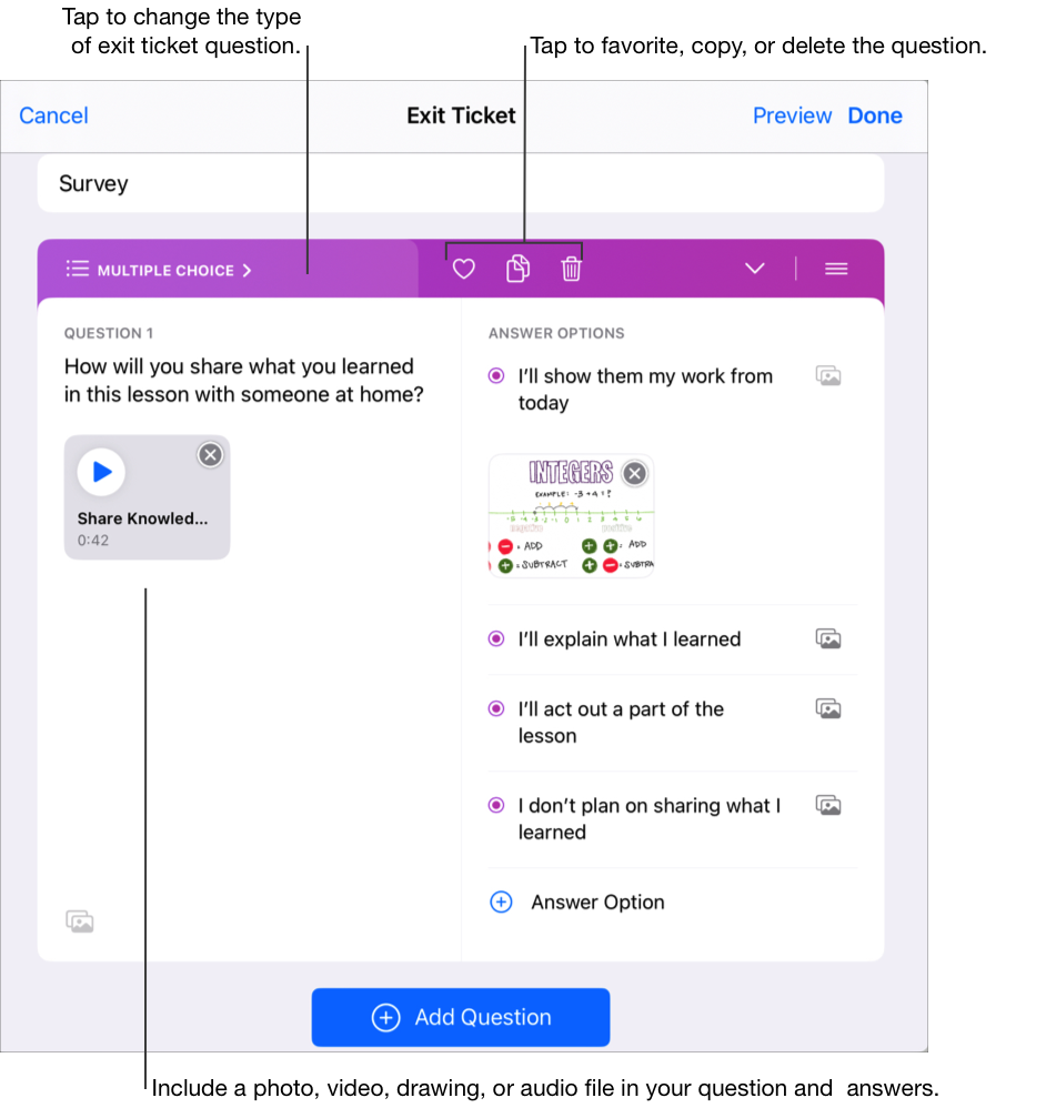 Contoh lembar evaluasi pilihan ganda yang menampilkan judul, pertanyaan pilihan ganda pertama dengan file audio, dan empat pilihan jawaban. Ketuk tombol Multimedia untuk menyertakan foto, video, gambar, atau file audio di setiap jawaban. Selain teks, contoh ini menyertakan gambar pada pilihan jawaban pertama. Ketuk Pilihan Ganda untuk mengubah jenis pertanyaan lembar evaluasi (pilihan ganda, penggeser, respons terbuka, nilai). Anda juga dapat mengetuk untuk memfavoritkan, menyalin, atau menghapus pertanyaan lembar evaluasi.