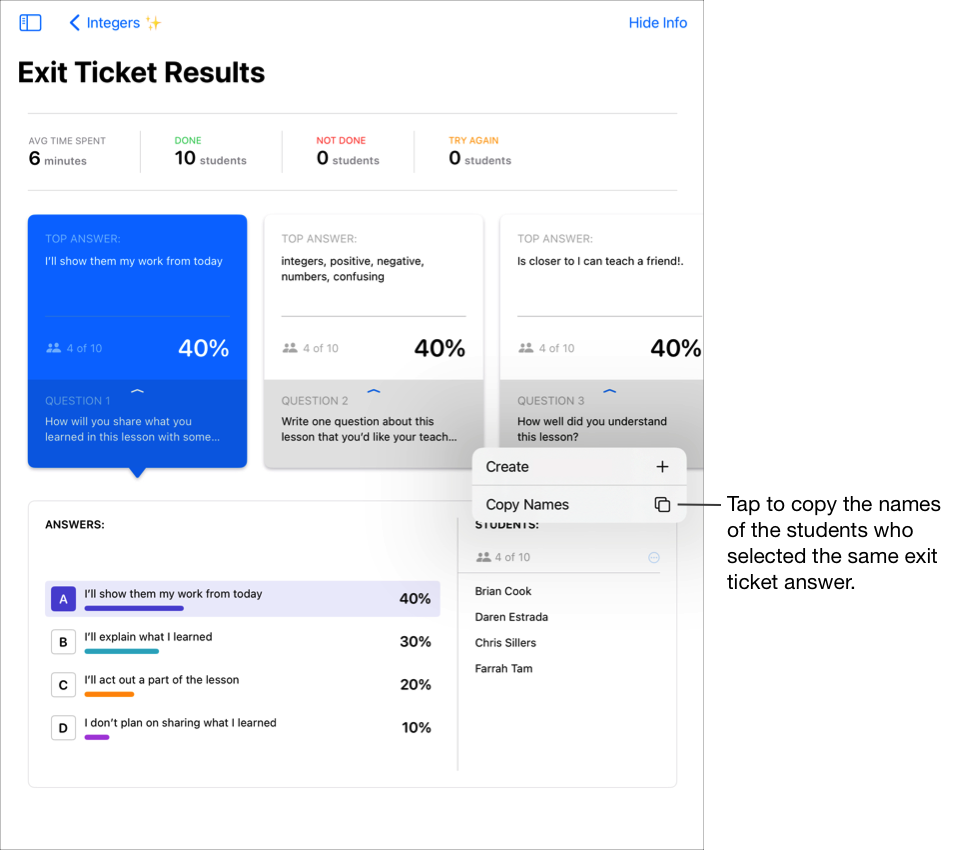 Un esempio di visualizzazione dei risultati del quiz di valutazione finale che mostra la prima risposta principale selezionata, le risposte e gli studenti collegati. Tocca Copia nomi per copiare i nomi degli studenti che hanno selezionato la stessa risposta del quiz di valutazione finale.