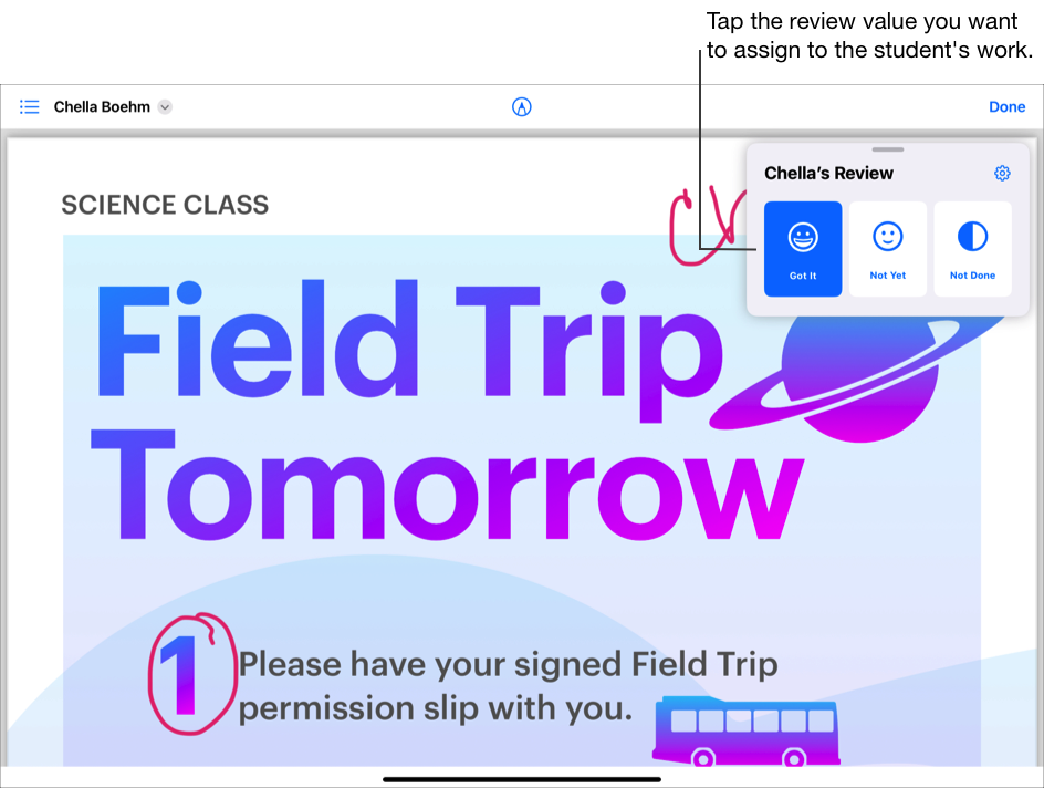 Приклад контрольної роботи, перевіреної з використанням типу «За фактом виконання». Натисніть у картці значення перевірки, яке потрібно призначити роботі учня.