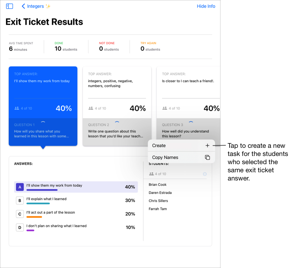 “随堂反馈条结果”视图示例,其中显示了已选择的首个热门答案以及关联的答案和学生。轻点“创建”,为在随堂反馈条问题中选择了相同答案的学生创建新的任务。