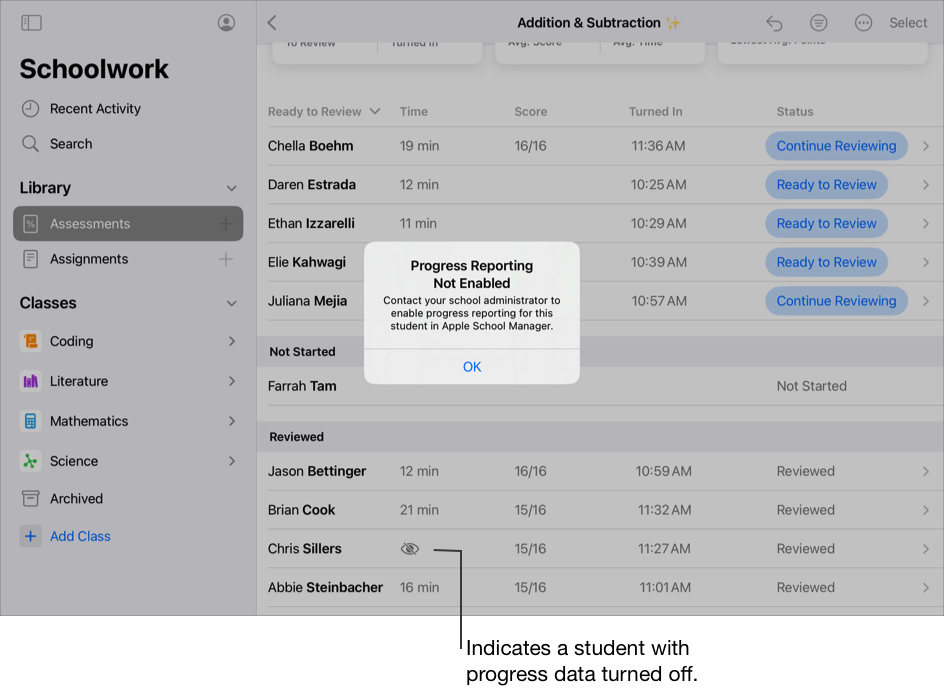 评估详细信息视图示例,其中显示了所选评估的详细结果,包括在学生行中显示“无进度”来指出学生已被关闭进度数据,并在学生进度数据弹出式面板中指明为该学生关闭了进度数据。