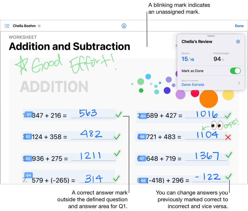 評量檔案範例，當中顯示一個正確答案標示超出問題 1 指定的問題和答題區域。標示閃爍代表未指定。你可以將之前標示為正確的答案改為錯誤，反之亦然。