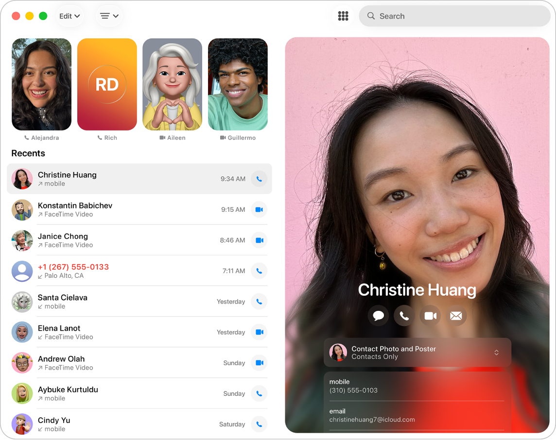 The Phone app with Recent calls on the left and a contact on the right.