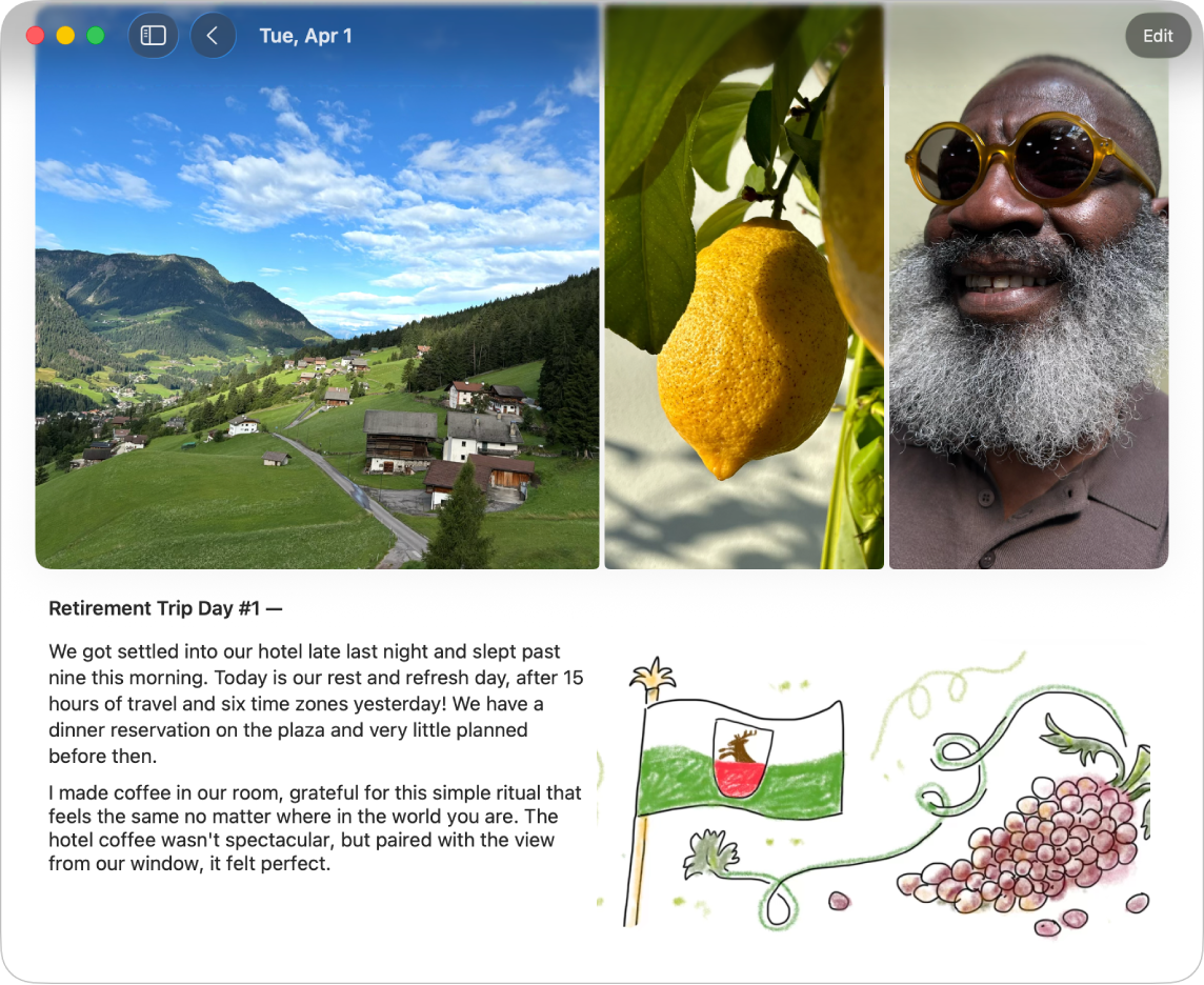 A screen in the Journal app showing an entry with photos, text, and a drawing.