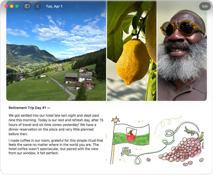 A screen in the Journal app showing an entry with photos, text, and a drawing.
