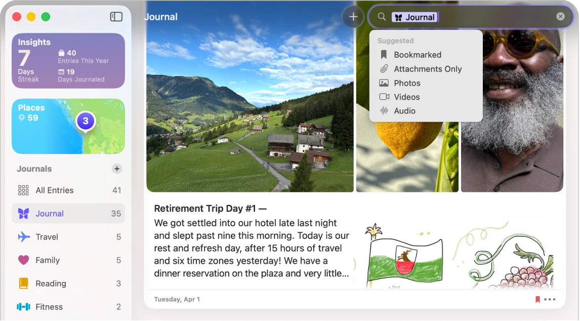 A screen in the Journal app showing journal entries with the Search field at the top right.