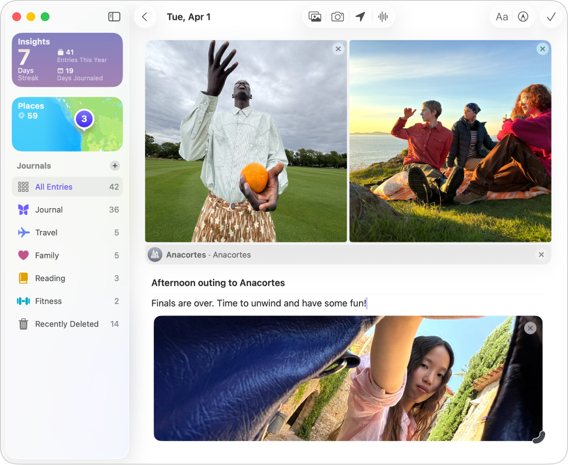 Écran de l’app Journal affichant des photos et une entrée en cours.