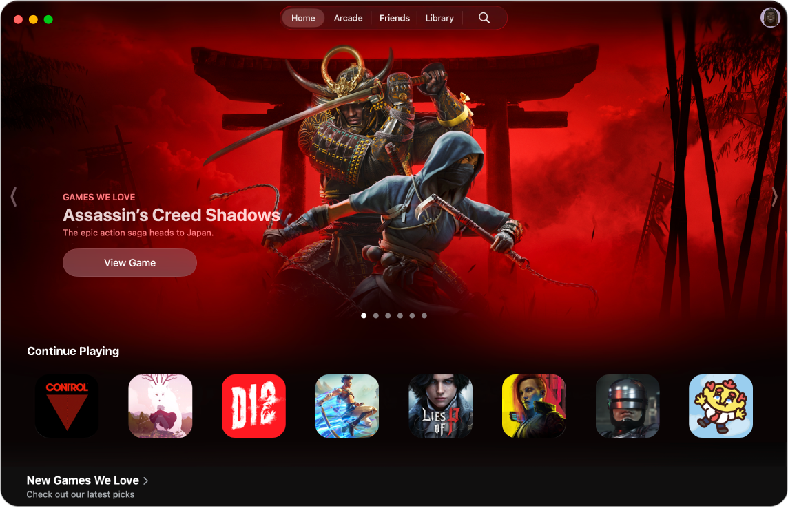 The Apple Games app showing the Home tab. The screen features promotional art for the game Assassin’s Creed Shadows with a Continue Playing section.