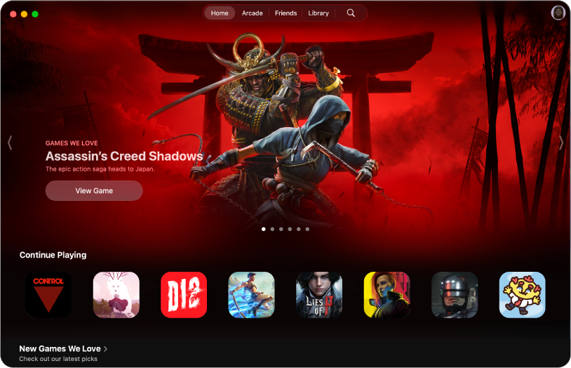 The Apple Games app showing the Home tab. The screen features promotional art for the game Assassin’s Creed Shadows with a Continue Playing section.