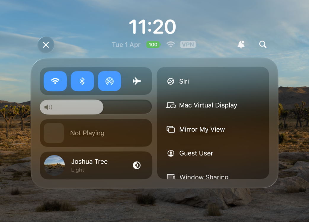 Control Centre on Apple Vision Pro with the Siri button visible on the right.