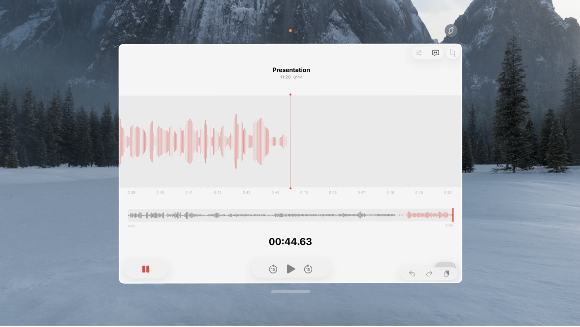 The Voice Memos app on Apple Vision Pro, showing a recording screen.