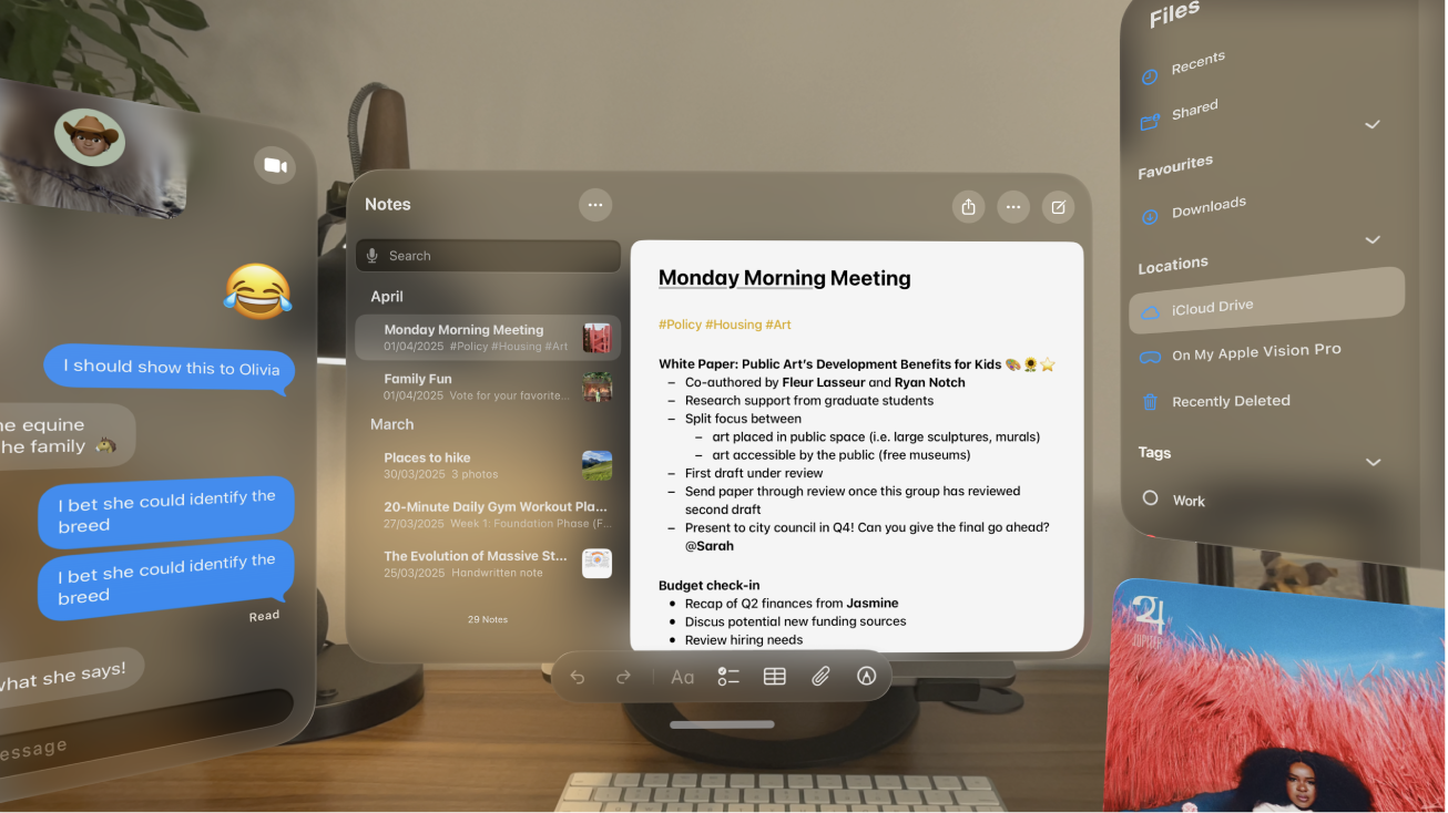 A user’s view on Apple Vision Pro, with several app windows visible.
