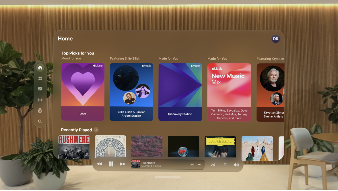 A Music app window on Apple Vision Pro, showing the player controls at the bottom of the window.
