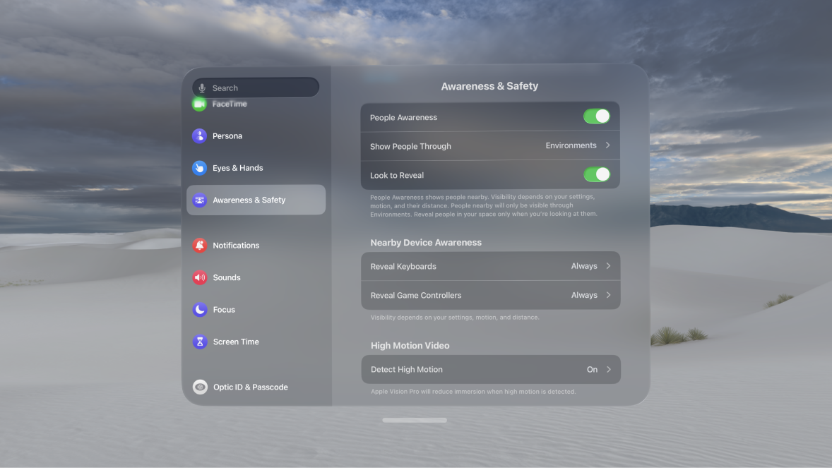 People Awareness settings on Apple Vision Pro, where you can turn People Awareness on or off, change when people are shown, turn Look to Reveal on or off, and delete your personalized EyeSight.