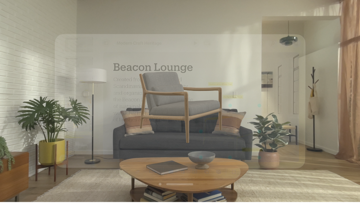 The Keynote app on Apple Vision Pro, showing a 3D object in the center of the window.