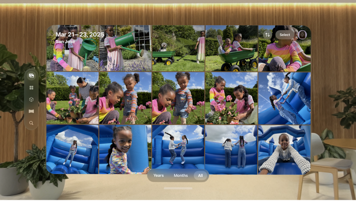 The Photos library on Apple Vision Pro, showing a grid of photos.