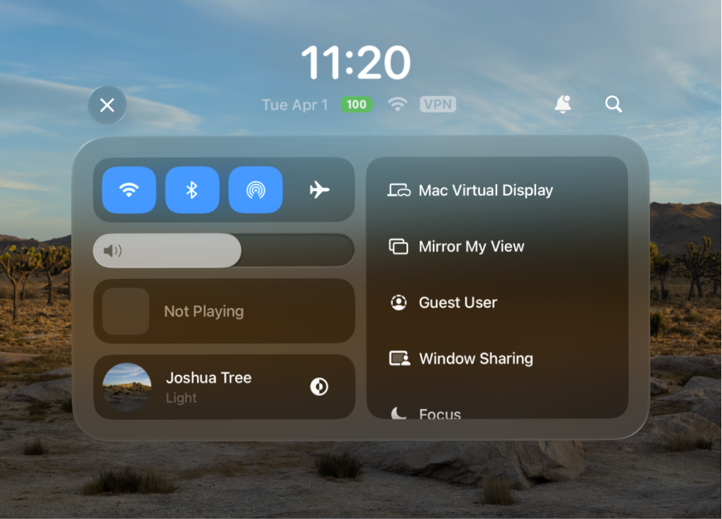 Control Center open with a list of controls on the right side, including Siri, Mac Virtual Display, Mirror My View, and Guest User.