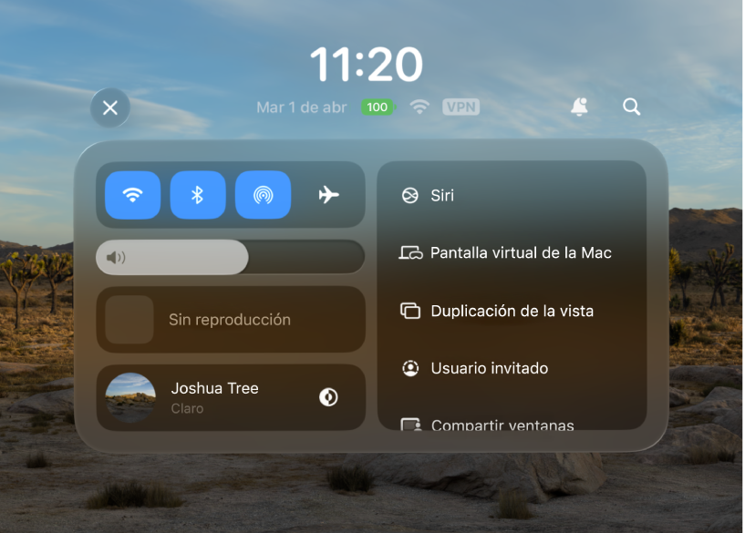 El centro de control en la parte superior de la vista tiene opciones para activar y desactivar Wi-Fi y Bluetooth, ajustar el volumen, ajustar tu ambiente y más. Arriba del centro de control se muestran la fecha, la hora y el nivel de batería.