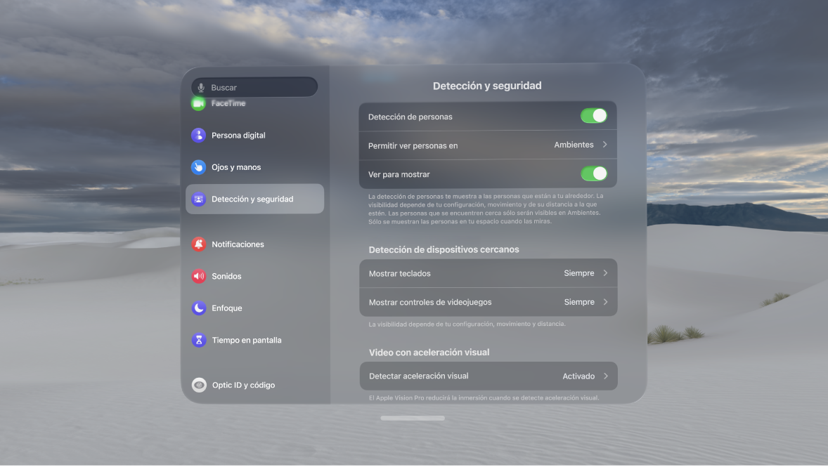 La configuración de Detección de personas en el Apple Vision Pro, que permite activar o desactivar esta función, cambiar cuándo se muestran las personas, activar o desactivar la opción Mostrar al ver y eliminar el EyeSight personalizado.