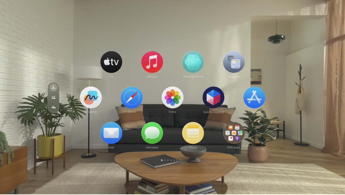 La vista de apps en el Apple Vision Pro mostrando la primera página de apps.
