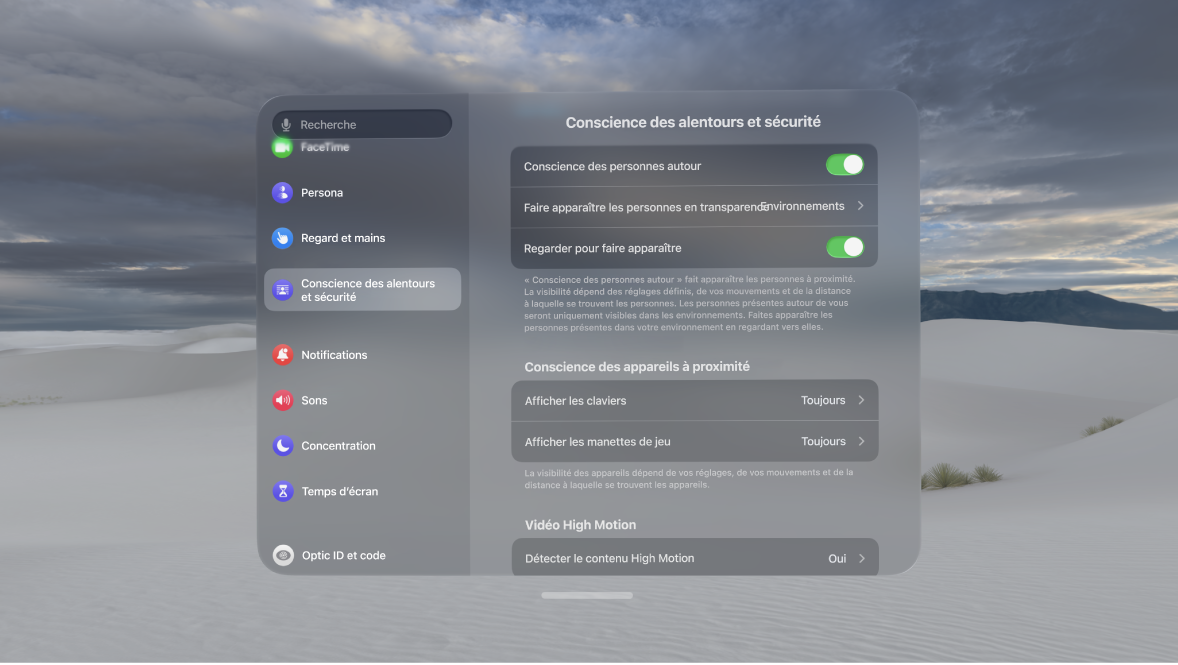 Réglages « Conscience des personnes autour » sur l’Apple Vision Pro, dans lesquels vous pouvez activer ou désactiver « Conscience des personnes autour », modifier l’apparition des personnes, activer ou désactiver « Regarder pour faire apparaître » et supprimer votre EyeSight personnalisé.