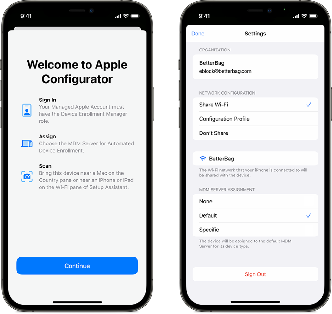 Apple Configurator for iPhone showing two screens, one is the main screen showing the Welcome window and the second one is showing the default device management service selected as the automatic assignment for devices.