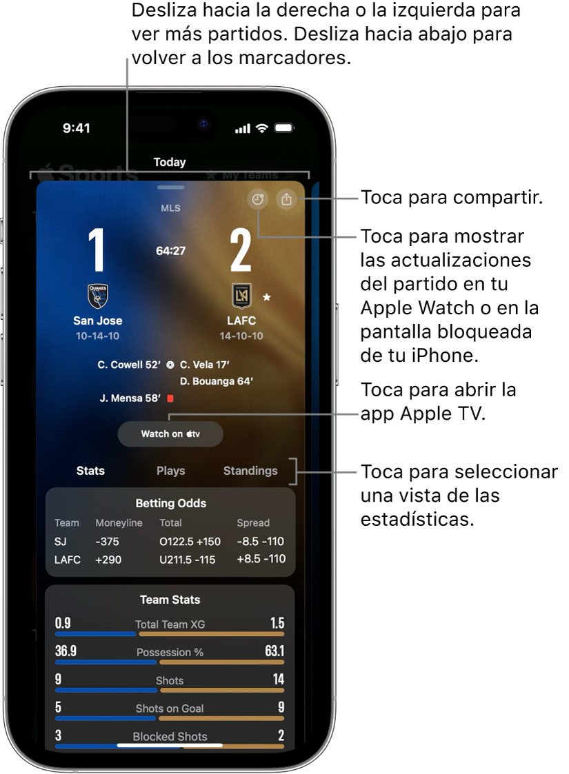 Detalle de tarjeta de partido en la app Deportes