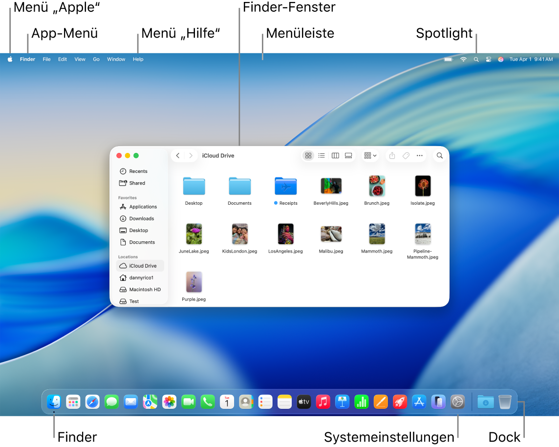 Ein Mac-Bildschirm zeigt das Menü „Apple“, das App-Menü, das Menü „Hilfe“, ein Finder-Fenster, die Menüleiste, das Spotlight-Symbol, das Finder-Symbol, das Symbol „Systemeinstellungen“ und das Dock.