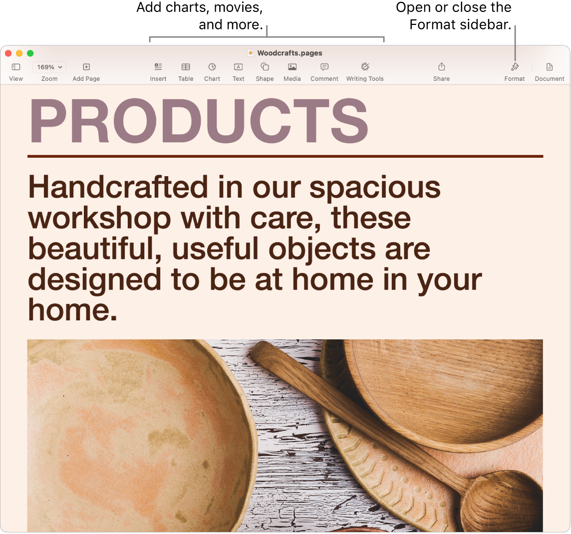 A Pages window showing a document created from a template. There are callouts to add charts, movies, and more in the toolbar, and a callout to Open or close the Format sidebar.