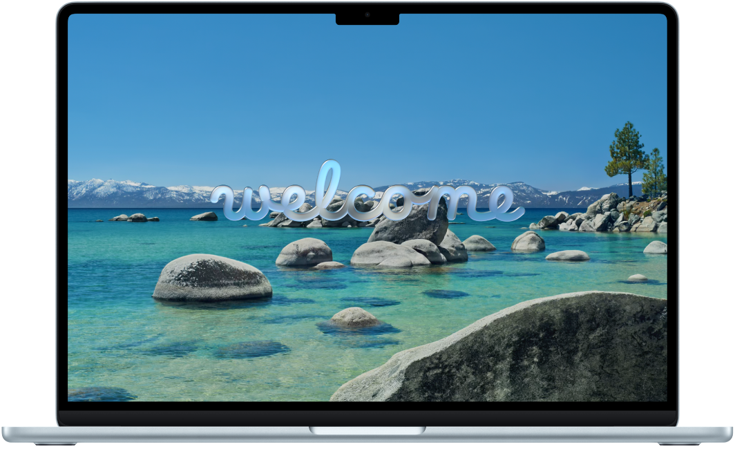 An open MacBook Air with “Welcome” on the screen.
