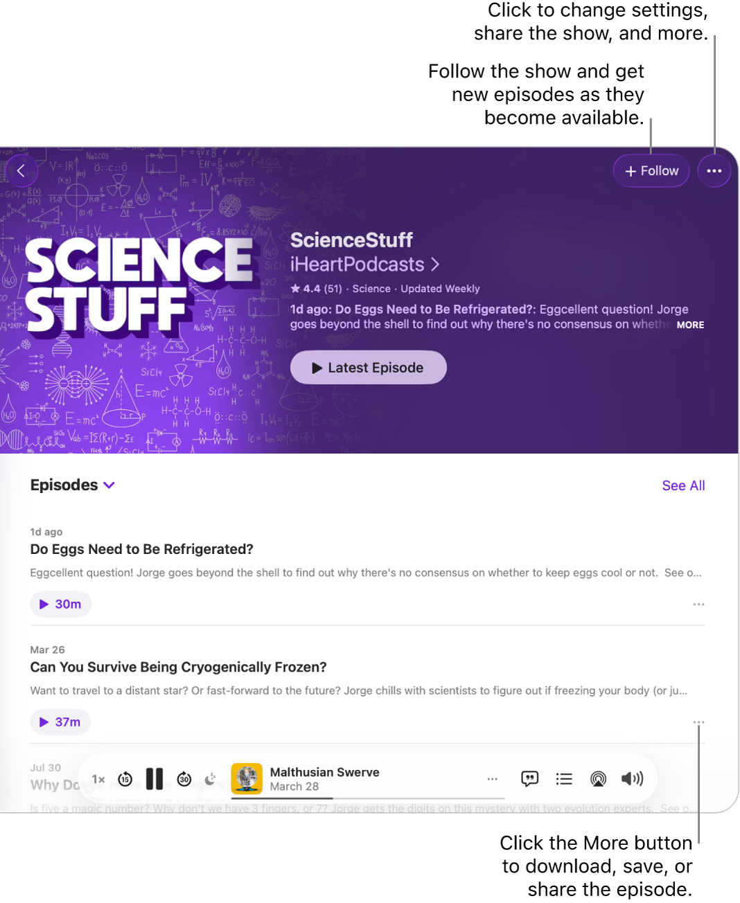 A Podcasts window showing a list of episodes in a podcast. The Follow button at the top of the window lets you follow the show, and the More button next to each episode lets you download or save the episode.