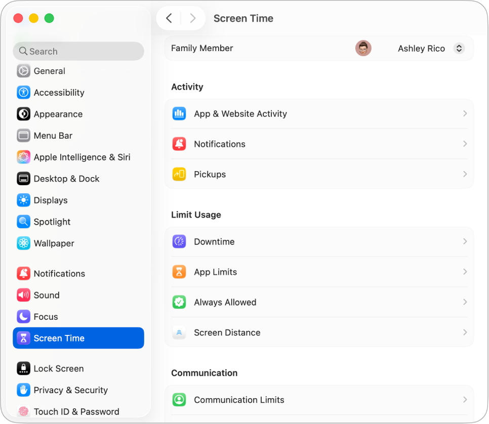 Screen Time window showing options to see App & Website Activity, Notifications, and Pickups, as well as options for managing Screen Time, like scheduling Downtime, setting App and Communication Limits, and more.