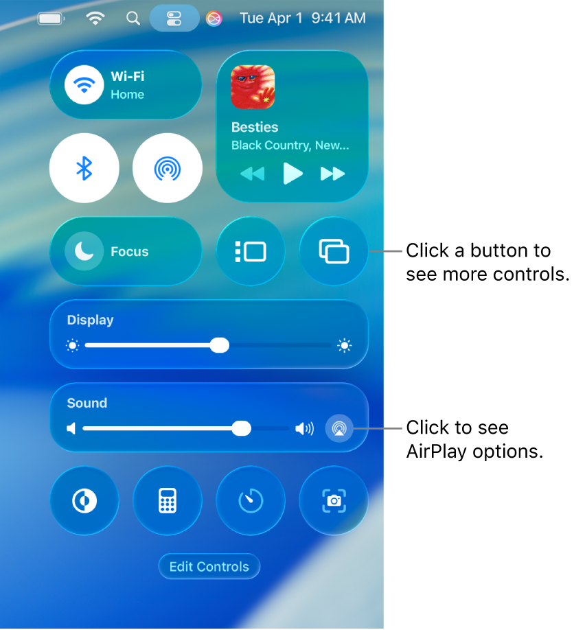 Zoomed in view of Control Center on your Mac with a callout to the Display button.