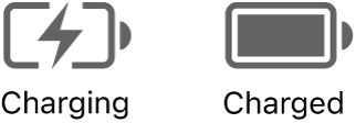 Charging and charged battery status icons.