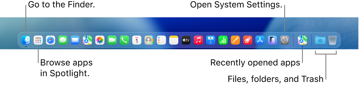 The Dock, showing the Finder, System Settings, and the divider in the Dock that separates apps from files and folders.