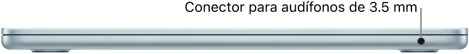 La vista lateral derecha de una MacBook Air con un texto que indica el conector de 3.5 mm para audífonos.