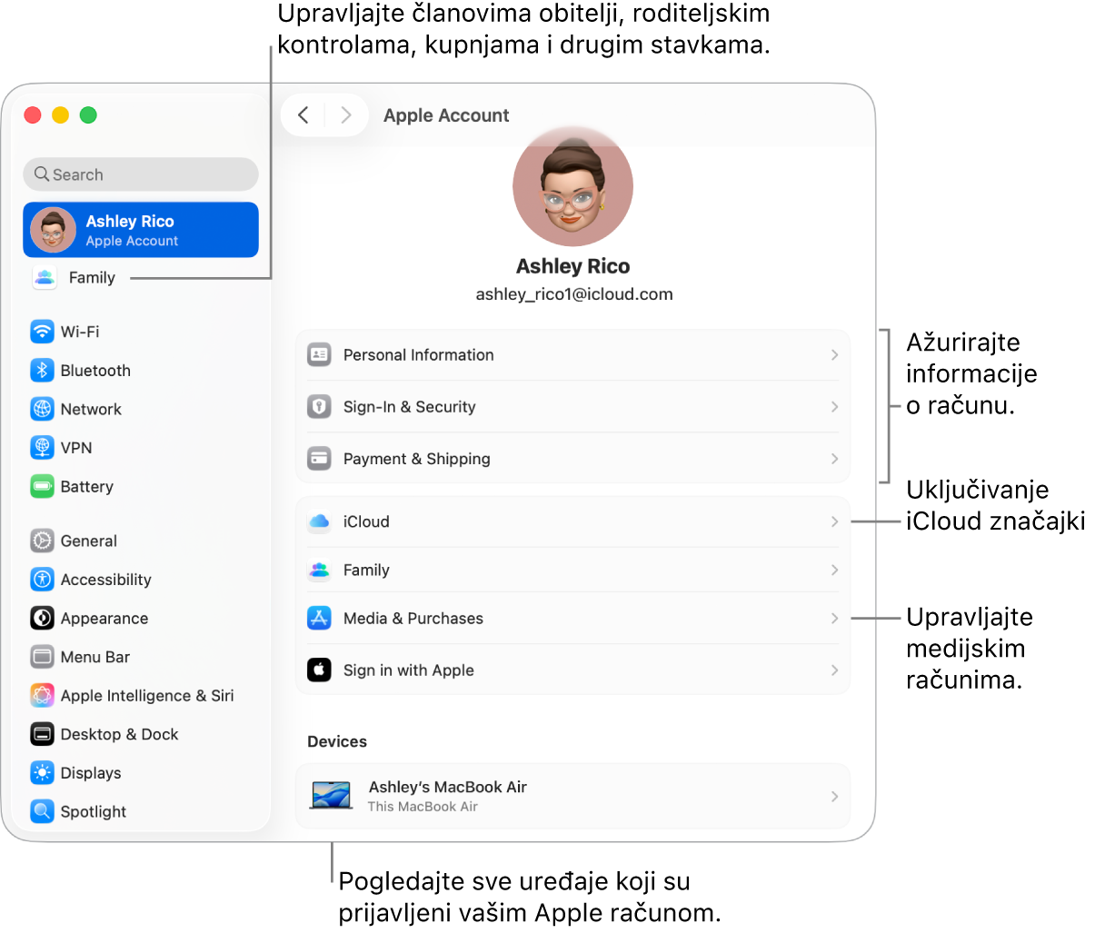 Postavke Apple računa u Postavkama sustava s oblačićima za ažuriranje informacija o računu, uključivanje ili isključivanje značajki iClouda, upravljanje medijskim računima i Obitelji, gdje možete upravljati članovima obitelji, roditeljskim kontrolama, kupnjama i ostalim.