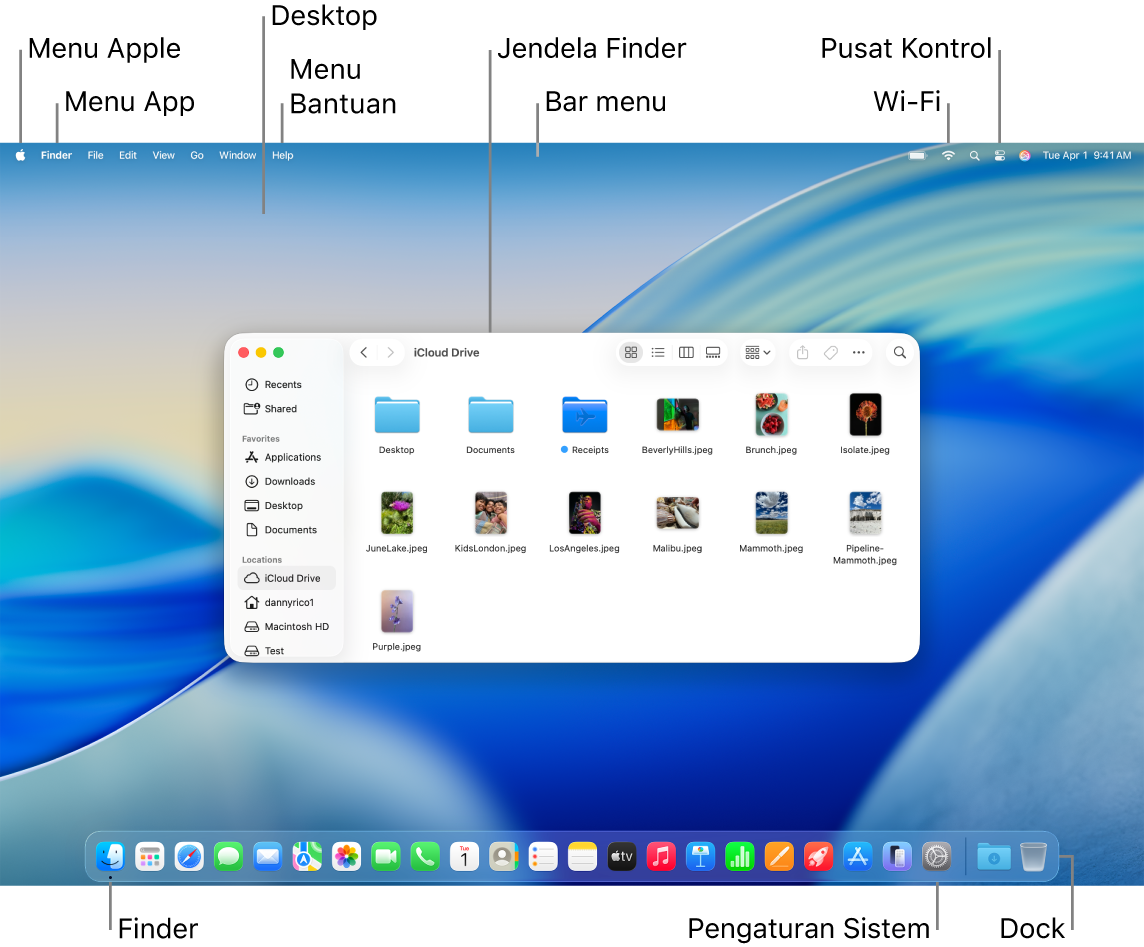 Layar Mac menampilkan menu Apple, menu App, desktop, menu Bantuan, jendela Finder, bar menu, ikon Wi-Fi, ikon Pusat Kontrol, ikon Finder, ikon Pengaturan Sistem, dan Dock.